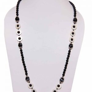 Genuine Reiki Onyx & Mother Of Pearl Coin Semi Precious Necklace