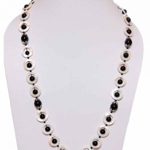 Natural Reiki Onyx & Mother Of Pearl Coin Semi Precious Necklace