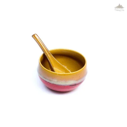 Red & Mustard Soup Bowl With Spoon | Height 6 cm | Diameter 10 cm | Hand Painted | Set of 1 | Ceramic Pottery | Ideal for soup serving